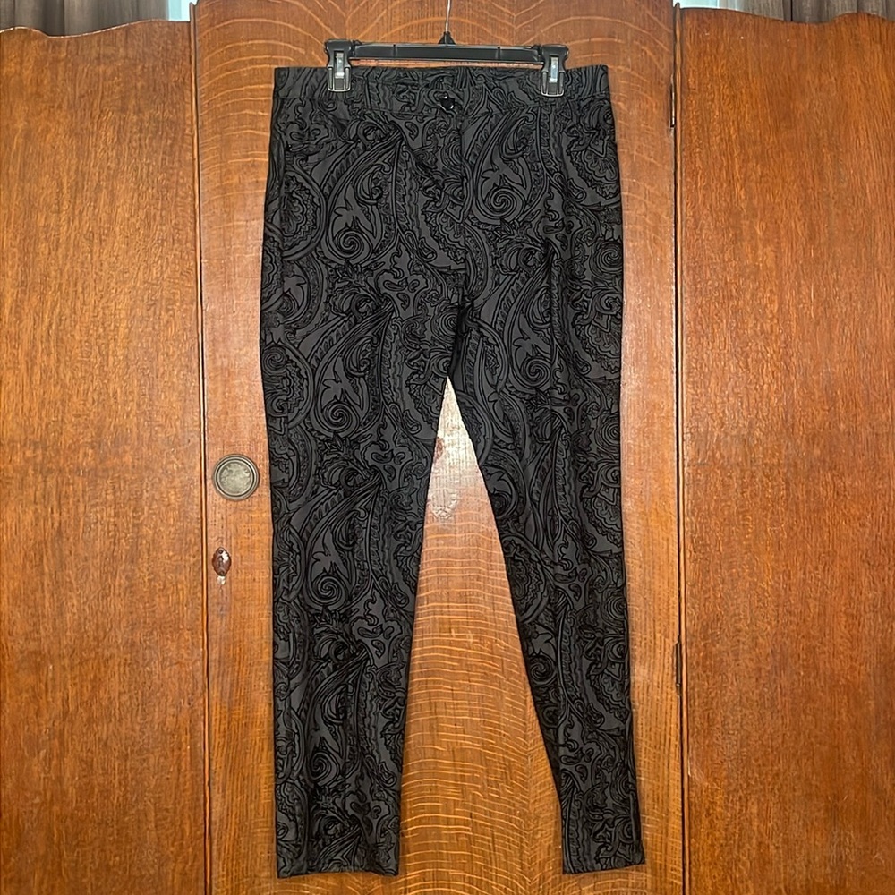 Dark gray with paisley design straight leg pants.